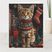 Abessijnse kat met kerstcadeaus open haard kaart (Voorkant)