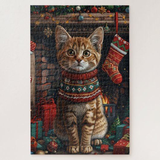 Abessijnse kat met kerstcadeaus open haard legpuzzel (Verticaal)