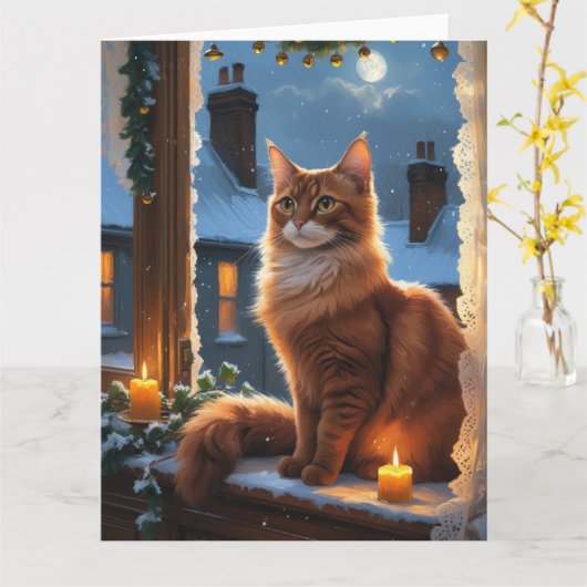 Abessijnse kat met kerstverlichting vakantie kaart (Gele Bloem)