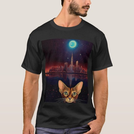 Abessijnse kat met stadsgezicht op de achtergrond t-shirt (Voorkant)