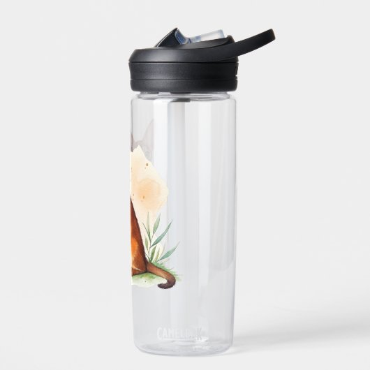 Abessijnse kat omringd door zachte kleuren en groe waterfles (Links)