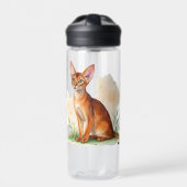Abessijnse kat omringd door zachte kleuren en groe waterfles (Voorkant)