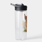 Abessijnse kat omringd door zachte kleuren en groe waterfles (Rechts)