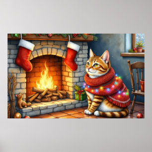 Abessijnse kat zit bij open haard met Kerstmis Poster