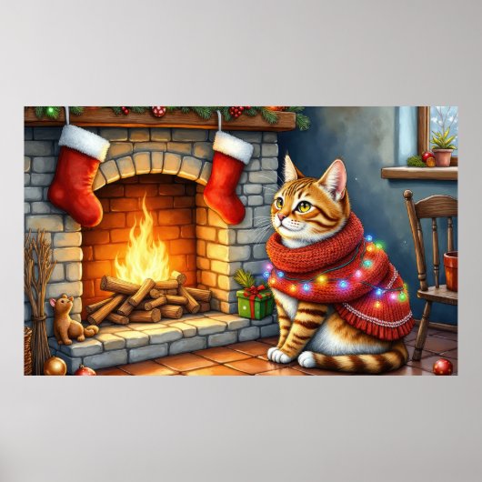 Abessijnse kat zit bij open haard met Kerstmis Poster (Voorkant)