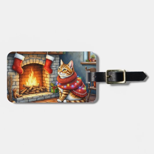 Abessijnse kat zittend bij open haard met Kerstmis Bagagelabel (Voorkant horizontaal)