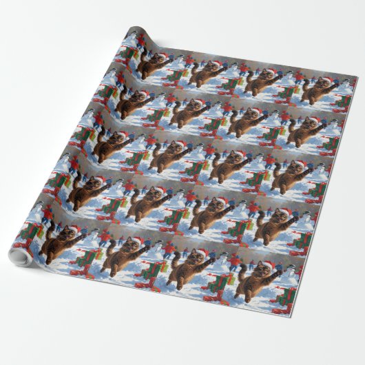 Abessijnse Katten Kerst Sneeuwscène Cadeaupapier (Uitgerold)