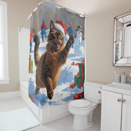 Abessijnse Katten Kerst Sneeuwscène Douchegordijn (In situ)
