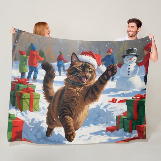 Abessijnse Katten Kerst Sneeuwscène Fleece Deken (In situ)