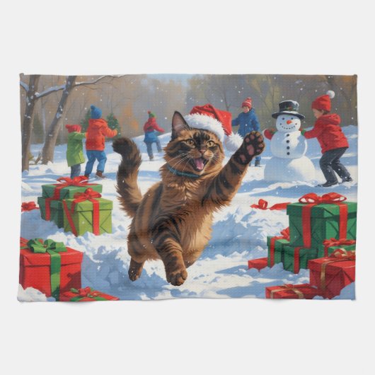 Abessijnse Katten Kerst Sneeuwscène Theedoek (Horizontaal)
