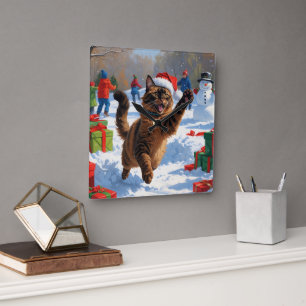 Abessijnse Katten Kerst Sneeuwscène Vierkante Klok