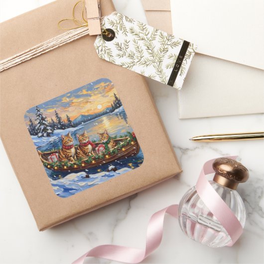 Abessijnse Katten Kerstboot Vakantie Vierkante Sticker (Geschenken)