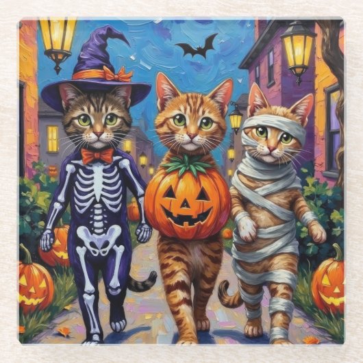 Abessijnse katten truc-of-behandeling in Halloween Glazen Onderzetter (Voorkant)