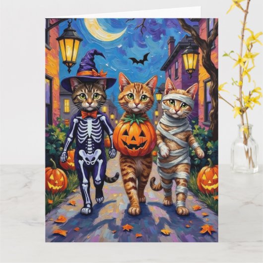 Abessijnse katten truc-of-behandeling in Halloween Kaart (Gele Bloem)