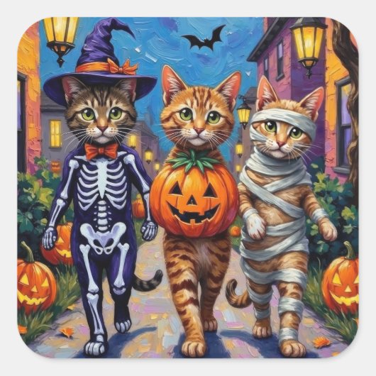 Abessijnse katten truc-of-behandeling in Halloween Vierkante Sticker (Voorkant)