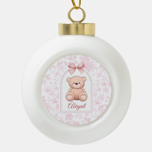 Abigail | Aangepaste Roze Teddybeer Nursery Design Keramische Bal Ornament (Voorkant)