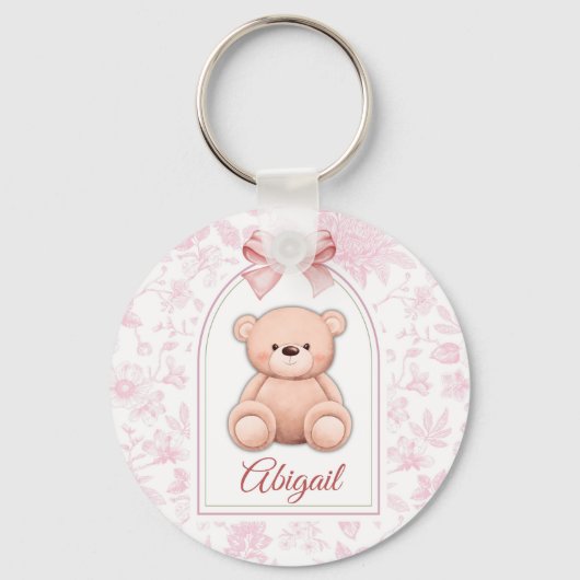 Abigail | Aangepaste Roze Teddybeer Nursery Design Sleutelhanger (Voorkant)