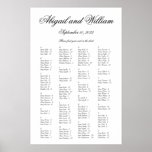 Abigail Elegant Alfabetical Wedding Seding Chart Poster (Voorkant)