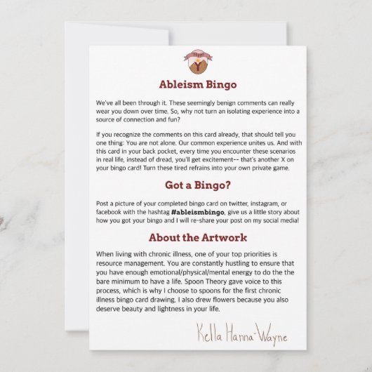 Ableism Bingo Card Chronic Illness Edition Vol. 1 Kaart (Achterkant)