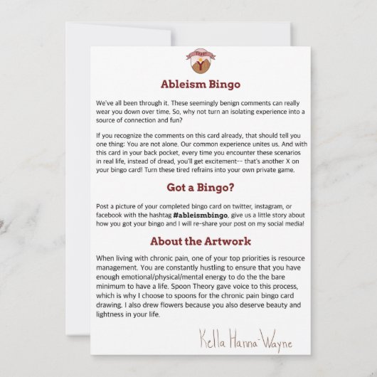 Ableism Bingo Card Chronic Pain Edition Kaart (Achterkant)