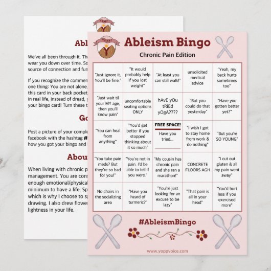 Ableism Bingo Card Chronic Pain Edition Kaart (Voorkant / Achterkant)