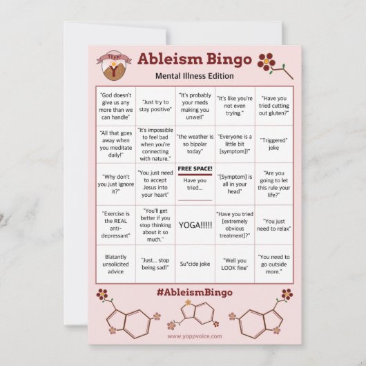 Ableism Bingo Kaart Mental Illness Edition (Voorkant)