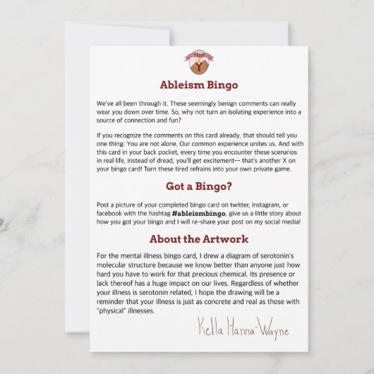 Ableism Bingo Kaart Mental Illness Edition (Achterkant)