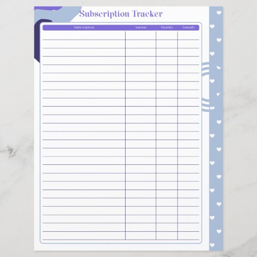 Abonnementstracker pagina- Maandelijks of Jaarlijk (Achterkant)