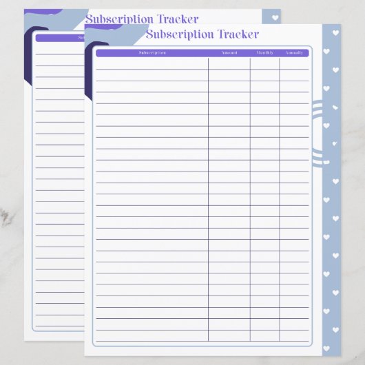 Abonnementstracker pagina- Maandelijks of Jaarlijk (Voorkant / Achterkant)