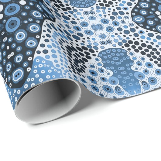 Aboriginal art style wrapping paper blue stippen cadeaupapier (Rol Hoek)