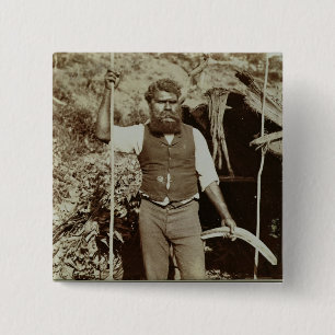 Aborigine met een Boomerang, c.1860s (sepia foto) Vierkante Button 5,1 Cm