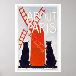 About Paris France Red Windmill Black Cats Vintage Poster