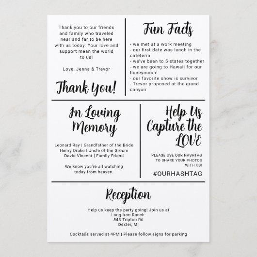 About Us Fun Minimalist Wedding Program Programmakaart (Achterkant)