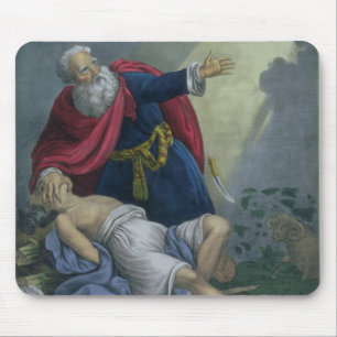 Abraham die zijn zoon Isaac aanbiedt uit een bijbe Muismat