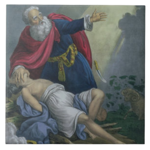 Abraham die zijn zoon Isaac aanbiedt uit een bijbe Tegeltje