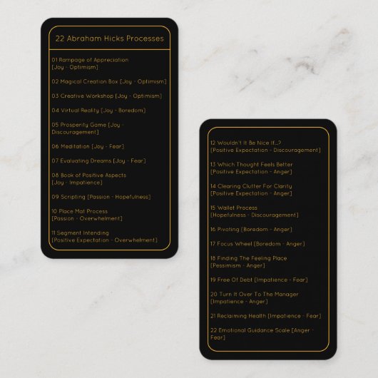 Abraham Hicks LOA 22 Processen Lijst Black Pocket Notitiekaartje (Voorkant / Achterkant)