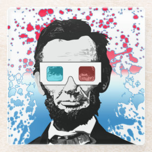 Abraham Lincoln 3D-bril Patriotisch Rood Blauw Glazen Onderzetter