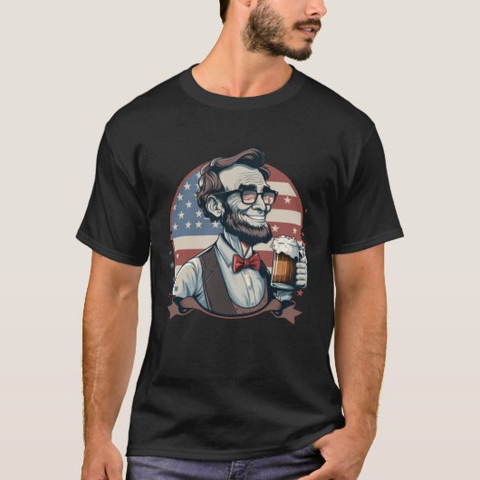 Abraham Lincoln Drinking 4th of July American Flag T-shirt (Voorkant)