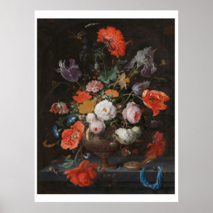 Abraham Mignon leeft met bloemen en een horloge Poster