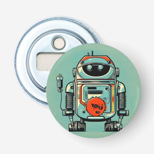 Abrebotellas vintage robot old dirty rustic button flesopener (Voorkant)