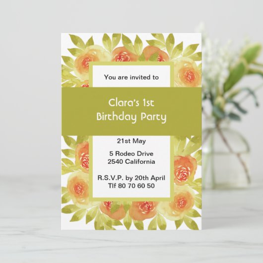 Abrikoos Aquarel Rozen Groene Feestje Kaart (Staand voorkant)