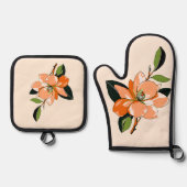 Abrikoos Azalea op Crème Ovenwant & Pannenlap Set (Voorkant)