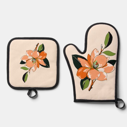 Abrikoos Azalea op Crème Ovenwant & Pannenlap Set (Voorkant)