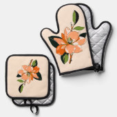 Abrikoos Azalea op Crème Ovenwant & Pannenlap Set (Voorkant / Achterkant)