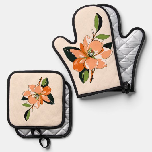 Abrikoos Azalea op Crème Ovenwant & Pannenlap Set (Voorkant / Achterkant)