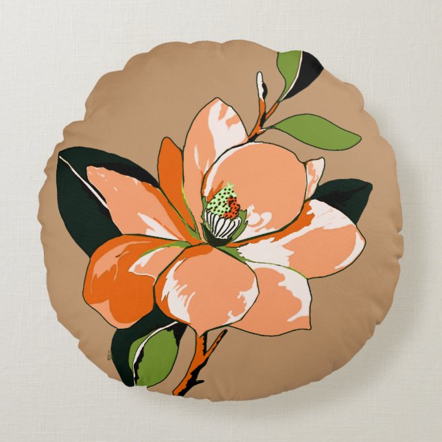 Abrikoos Azalea op Taupe Rond Kussen (Voorkant)