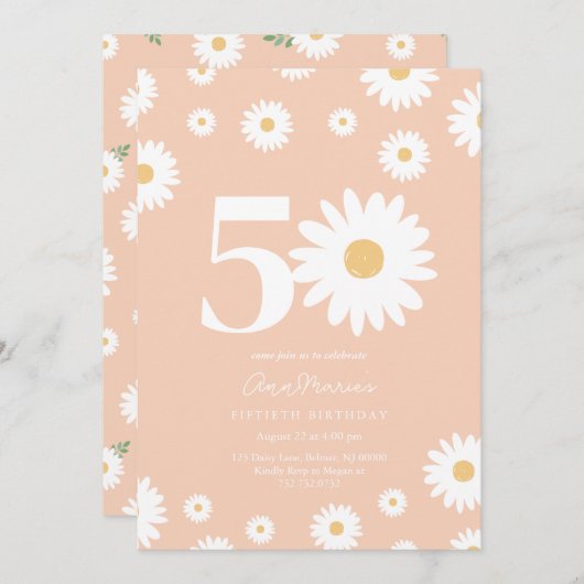 Abrikoos Daisy 50ste verjaardag uitnodiging (Voorkant / Achterkant)