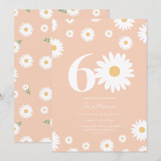 Abrikoos Daisy 60ste verjaardag uitnodiging (Voorkant / Achterkant)