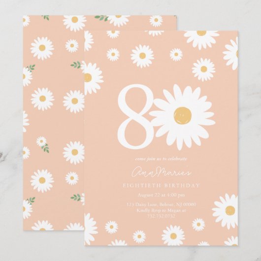 Abrikoos Daisy 80ste verjaardag uitnodiging (Voorkant / Achterkant)