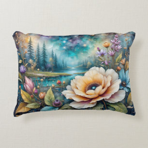 Abrikoos en blauwe Cosmos rivier bos landschap Accent Kussen